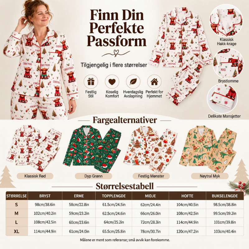 Kvindeligt julepyjamassæt med langærmet og skåret krave 🎄