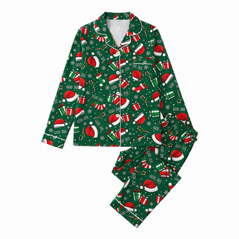 Kvindeligt julepyjamassæt med langærmet og skåret krave 🎄