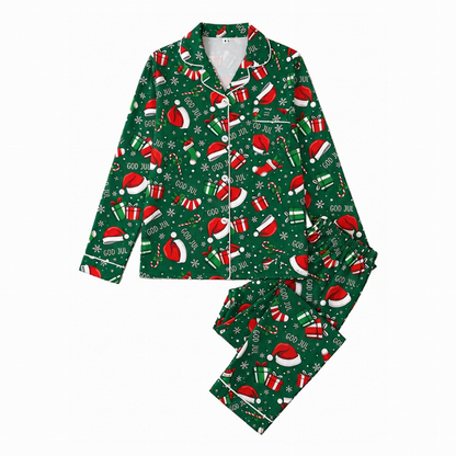 Kvindeligt julepyjamassæt med langærmet og skåret krave 🎄