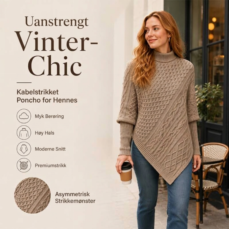 🧶 Kabelstrikket ponchotrøje til kvinder