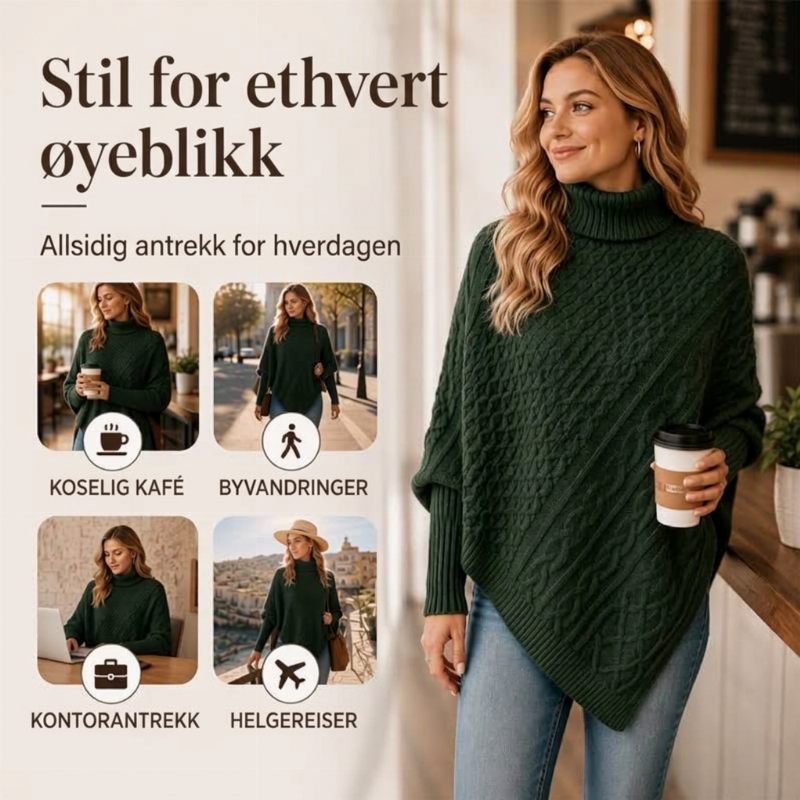 🧶 Kabelstrikket ponchotrøje til kvinder
