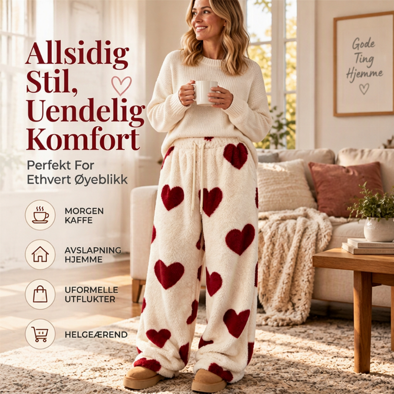 🩷 Plush-bukser med hjertemønster og vid ben til kvinder 💗