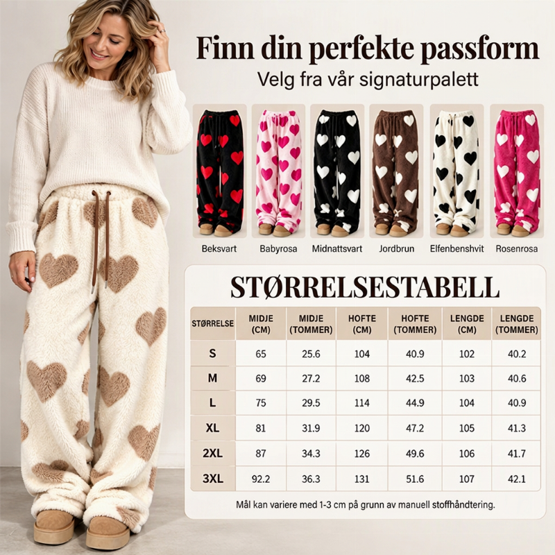 🩷 Plush-bukser med hjertemønster og vid ben til kvinder 💗