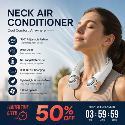 ⏰SIDSTE DAG SÆRPRIS KUN 249 KR.!!❄️ Hals-aircondition-ventilator – Ultrastille, 360° roterende og med 3 hastigheder. Håndfri afkøling og lang batterilevetid. Sommerens absolutte must-have! 😎🌬️